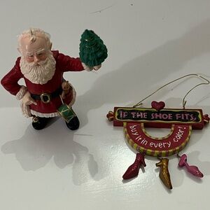 Christmas Ornament if the shoe fits and Santa Claus Figurine with Christmas Tree